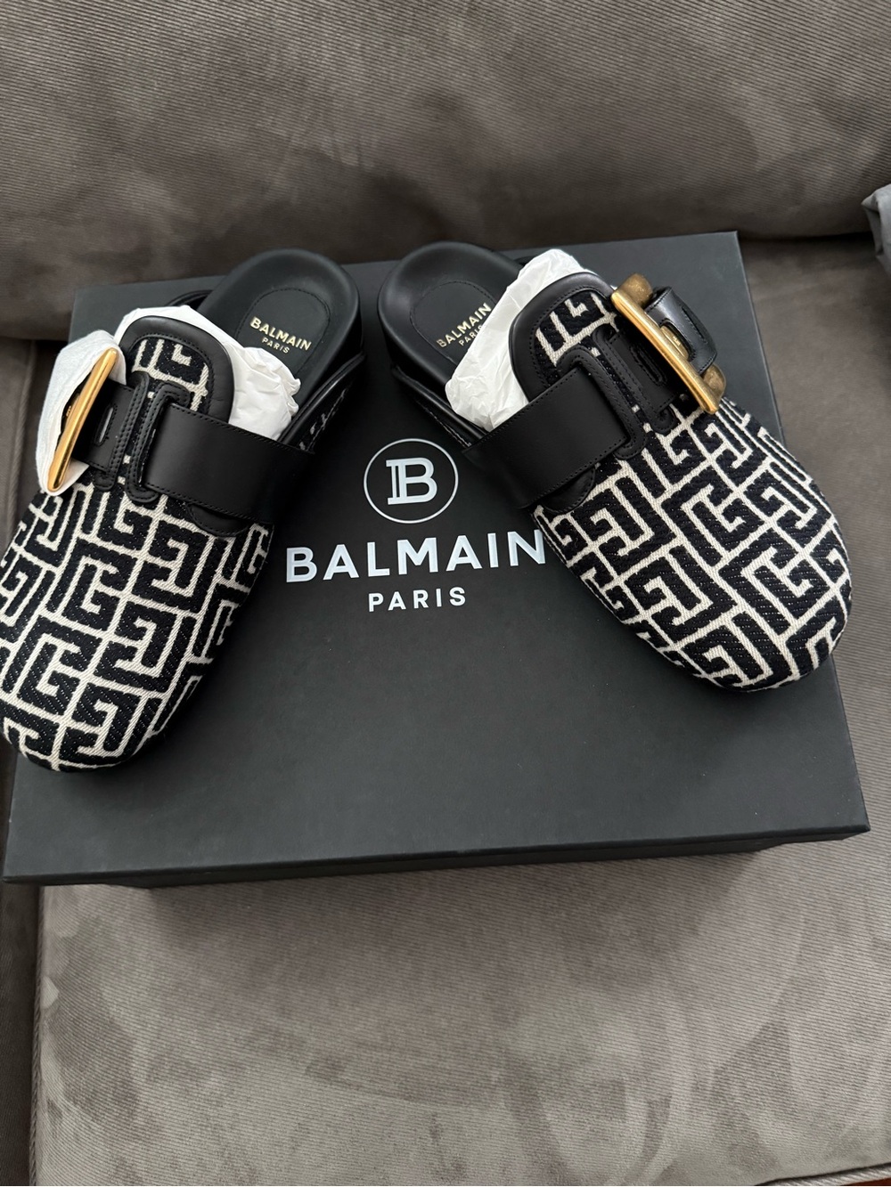 Balmain Black & White Logo Jacquard Mule with Gold Buckle